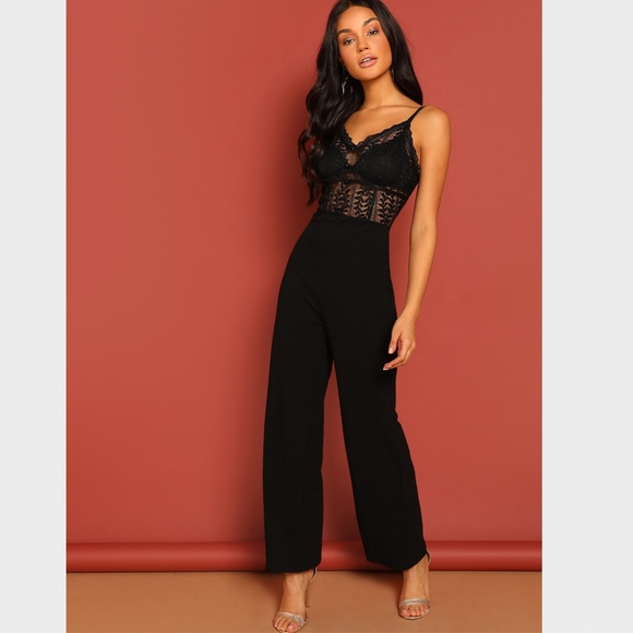 Rouge! Pants - Wide Leg Lace Detail Cami Black Jumpsuit